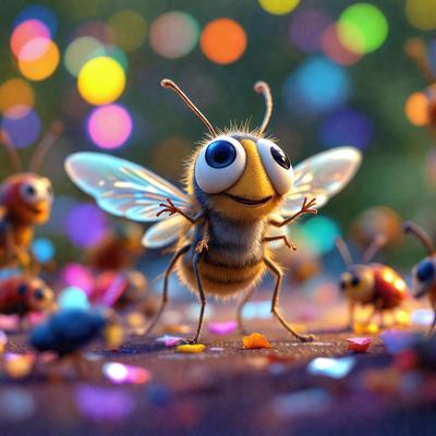 The primary subject of the image is a small, cute, and colorful bee with a smile on its face. The bee is surrounded by a group of other bees, creating a lively and cheerful scene. The setting appears to be a colorful and vibrant environment, possibly a garden or a field. The visual style of the image is a combination of photo and digital art, giving it a unique and playful appearance. The colors and mood of the image are predominantly bright and cheerful, with